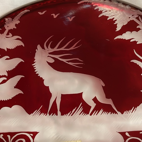 EGERMANN Ruby Red Cut to Clear Crystal Plate Christmas 1972 Stag - Picture 7 of 8